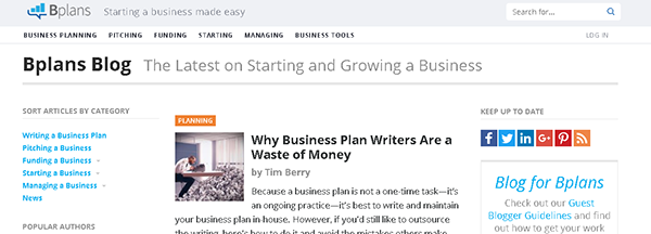 Screenshot of the business blog of Bplans