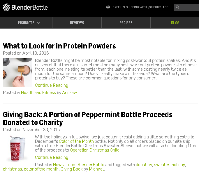 Screen shot of Blender Bottle blog
